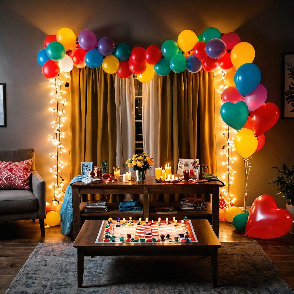 A cozy, romantic setup for a couple's game night with colorful board games spread out on a table, surrounded by soft candlelight. In the background, a heart-shaped balloon arch and fairy lights create a warm atmosphere. Include playful interaction of a couple laughing and enjoying their time together. The scene should evoke feelings of love and connection, with vibrant colors enhancing the ambiance. super-realistic. warm lighting. vibrant colors.