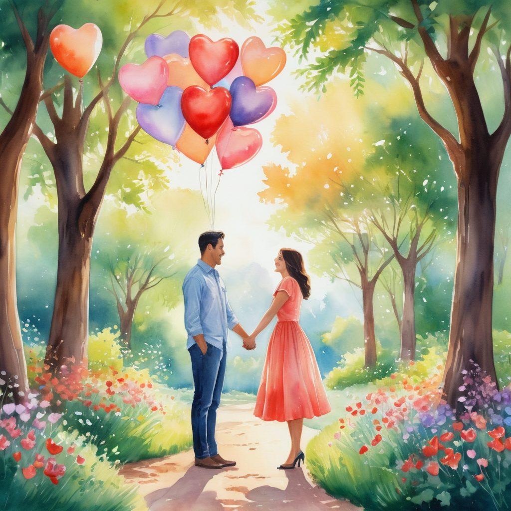 An enchanting scene of a diverse couple surrounded by delicate heart-shaped balloons, lush greenery, and soft sunlight filtering through trees. They share a joyful moment, laughing and embracing each other in a serene park, symbolizing love and passion. The background features whimsical flowers blooming in vibrant colors, evoking a sense of bliss and unity. watercolor painting. soft pastels. dreamy atmosphere.